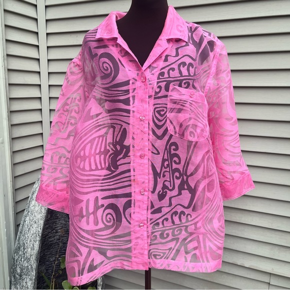 Koret Tops - Koret Woman pink sheer patterned button down blouse shirt plus